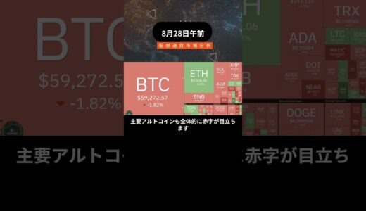 8月28日 仮想通貨市場：BTC下落、ETHは上昇中！#ビットコイン #仮想通貨 #BTC #ETH #マーケット分析 #暗号資産 #ソラナ #市場動向 #投資